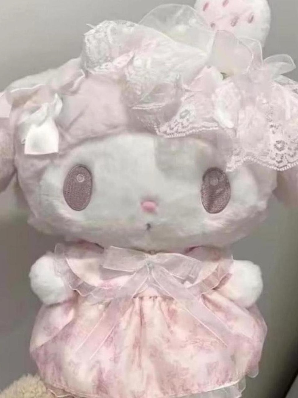 Sanrio My Melody Plush Doll in Soft Pink Dress with Lace Bow